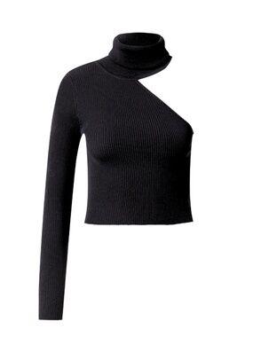 Asymmetrical Verge Girl Black Cropped Knit Turtleneck Top in Black L